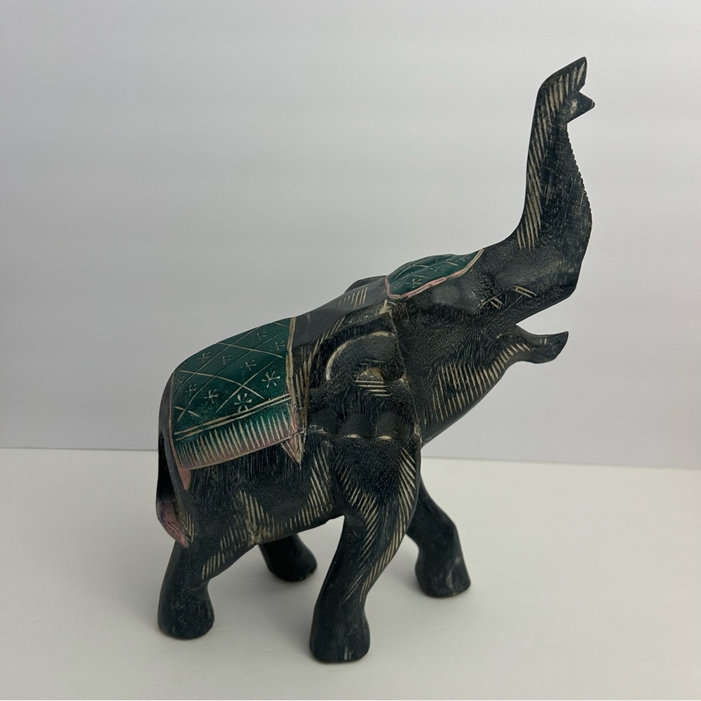 Wooden carved and painted elephant sculpture